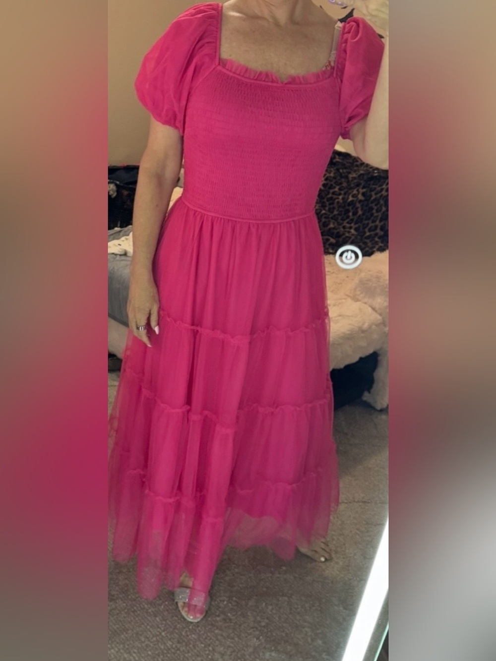 Ladies Pink Puff-Sleeve Tiered Dress with Smocked Bodice